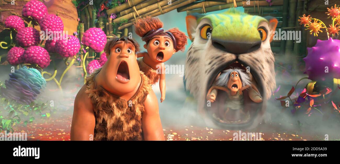 Clark Duke comme Thunk Crood, Kailey Crawford comme Sandy Crood, 'The Croods: A New Age' (2020) Credit: DreamWorks animation / The Hollywood Archive Banque D'Images
