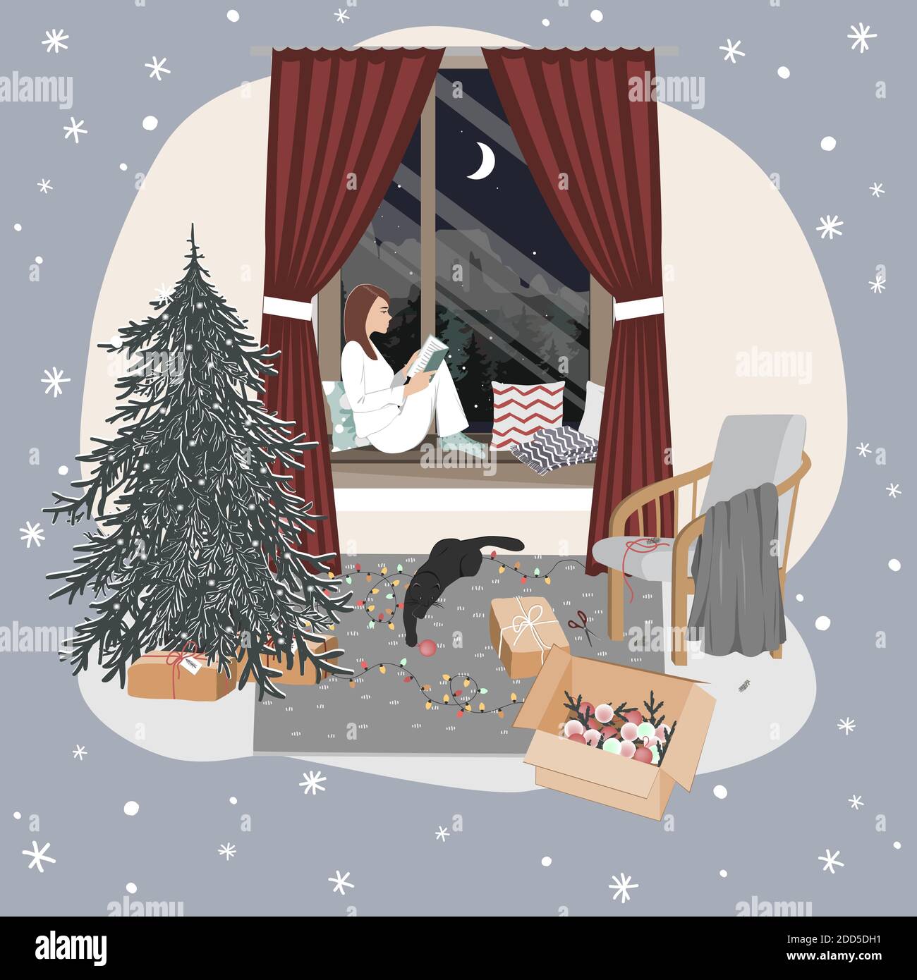 Une jolie fille décontractée assise sur un rebord de fenêtre et de lecture. Ambiance de Noël avec arbre du nouvel an, chat de jeu, et paysage de fenêtre d'hiver. Noël Illustration de Vecteur