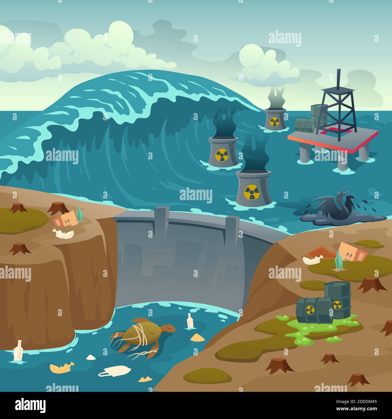 Écologie pollution, pétrole derrick dans l'océan pollué et des barils de liquide toxique flottant sur la surface de l'eau de mer sale avec barrage et animaux en train de mourir, déchets, problème écologique, illustration du vecteur de Cartoon Illustration de Vecteur