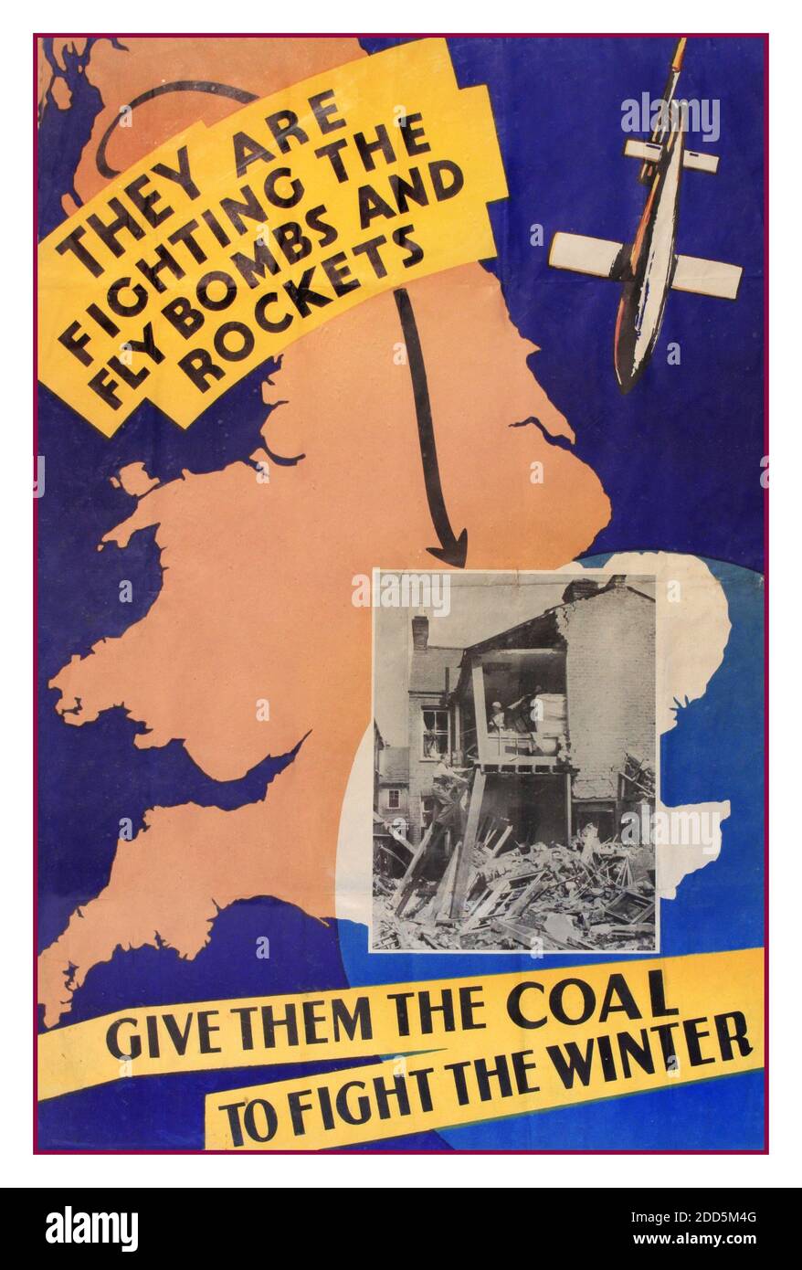 Vintage WW2 Propaganda UK Poster 'ils combattent les bombes à mouches nazies (V1 Doolebug) et les roquettes', 'Donnez-leur le charbon pour combattre l'hiver' Original WW2 poster No 1 imprimé pour le ministère du carburant et de l'énergie HMSO par Ford Shapland vers 1944 Seconde Guerre mondiale Banque D'Images