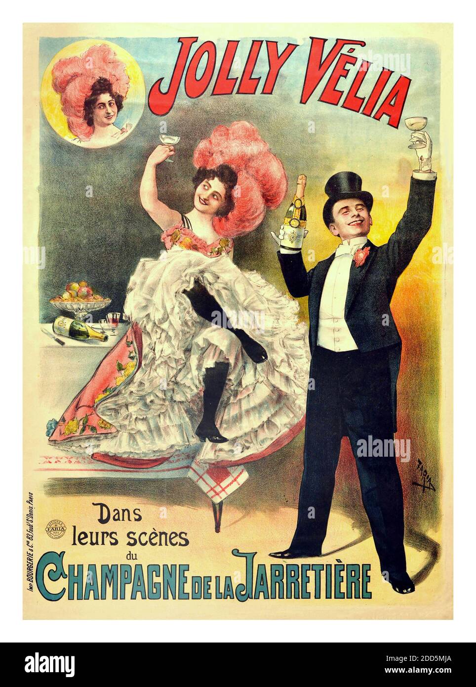 Vintage 1880 affiche de théâtre publicitaire pour une production de Jolly Velia - dans les couleurs scènes du champagne de la Jarretière / dans leurs scènes de champagne du Garter - oeuvre de Cândido Aragonez de Faria (1849-1911) présente une dame portant une grande robe rose et blanche avec un chapeau à plumes assis sur une table avec une bouteille vide de champagne sur le côté. À côté d'elle un homme dans un costume noir et un chapeau de dessus tenant une deuxième bouteille avec une main et levant un verre avec l'autre. Cândido Aragonez de Faria était caricaturiste brésilien, peintre, lithographe et designer d'affiches Paris France Banque D'Images