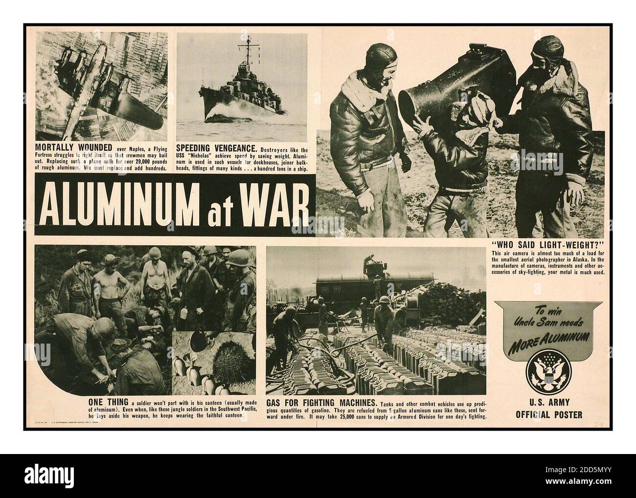 ALUMINIUM WW2 Vintage propagande des années 1940 la production de métal de guerre des États-Unis appel ressources ‘aluminium à la guerre’ US Army Official poster ‘ pour gagner l'oncle Sam a besoin de plus d'aluminium’ Seconde Guerre mondiale. WW2 Deuxième Guerre mondiale Banque D'Images