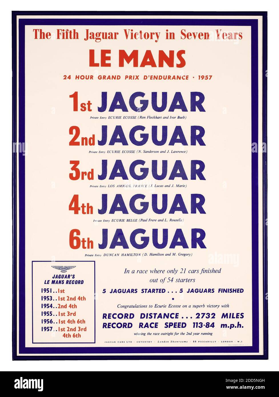 JAGUAR Vintage 1957 le Mans 24 heures course avec Jaguar victoires 1ère à 6ème 'la cinquième victoire Jaguar en sept ans', le Mans, affiche imprimée en Angleterre par B & S Ltd pour Jaguar Cars Limited 1957 - 2732 miles vitesse de course moyenne 113,84 mph Banque D'Images