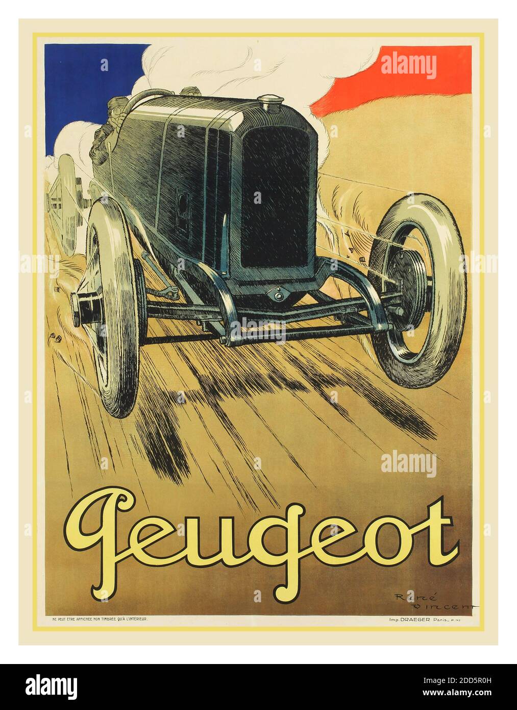 Affiche publicitaire Peugeot 1900 affiche originale imprimée par Imp. Draegar, Paris 1912 par René Vincent (1879-1936) Banque D'Images