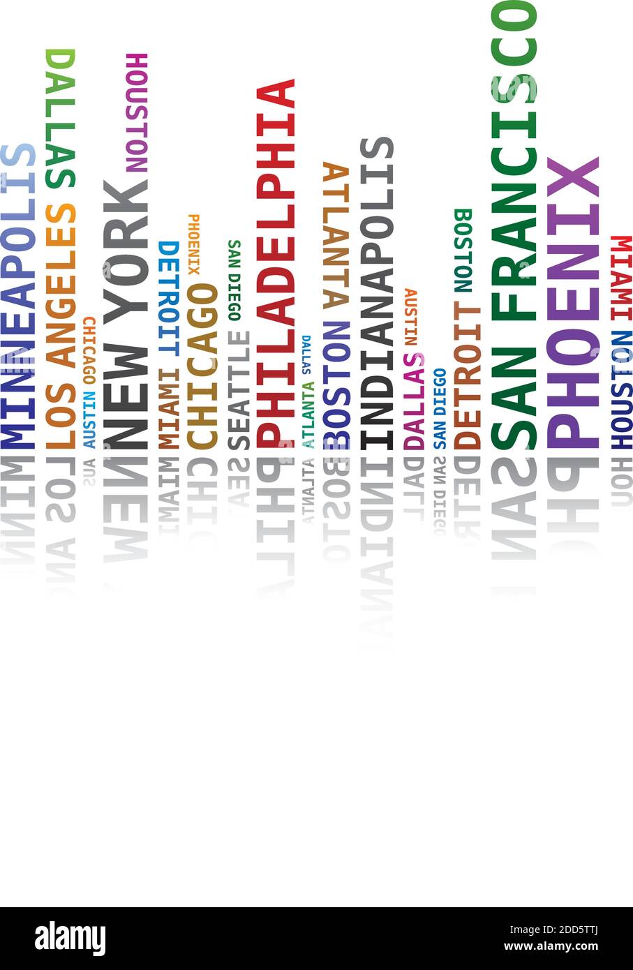 Nuage de mots - forme Skyline avec les villes des États-Unis Noms - multicolore Illustration de Vecteur