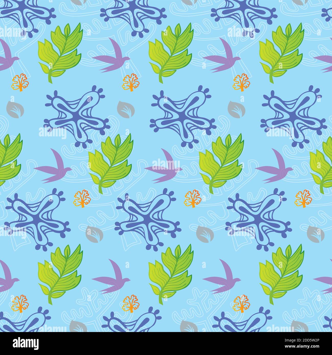 Fleurs, feuillage et oiseaux motif sans couture dans les couleurs vert et bleu Illustration de Vecteur