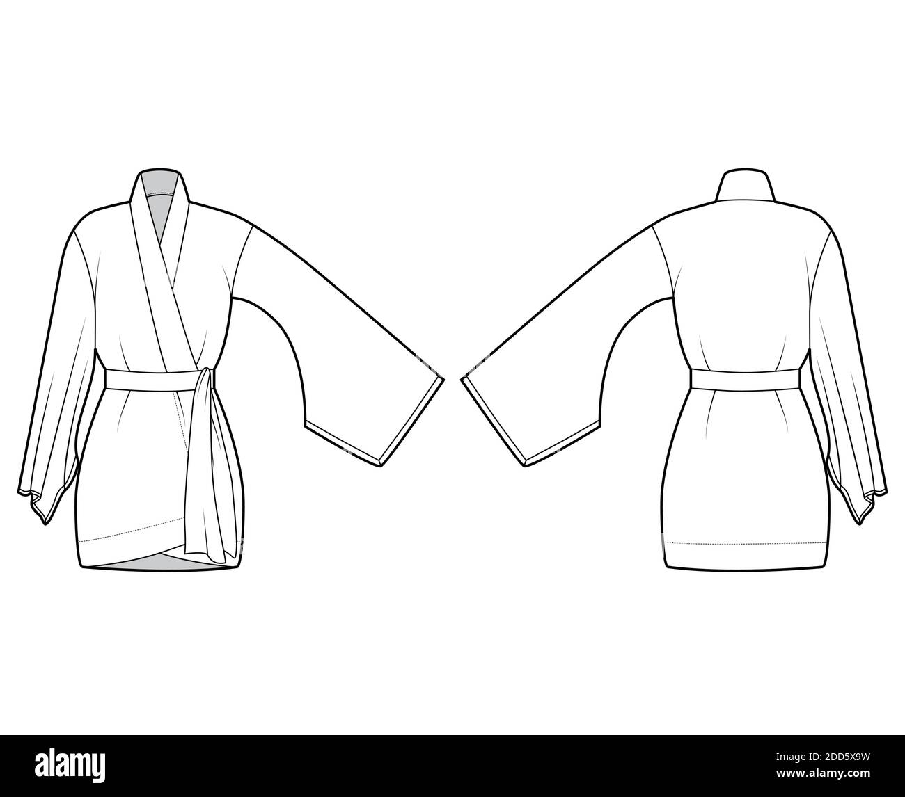 Robe kimono, illustration technique de la mode avec manches longues larges, ceinture pour attacher la taille, longueur au-dessus du genou. Modèle de chemisier sans pinces à l'avant et à l'arrière de couleur blanche. Maquette de chemise unisexe CAD pour femmes Illustration de Vecteur