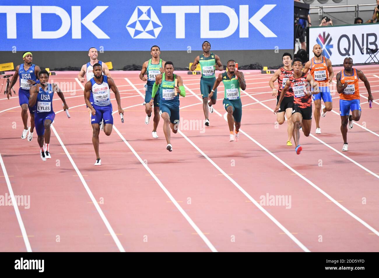 4X100 relais MEN final: Etats-Unis, Grande-Bretagne, Afrique du Sud, Japon, pays-Bas. Championnats du monde d'athlétisme de l'IAAF, Doha 2019 Banque D'Images