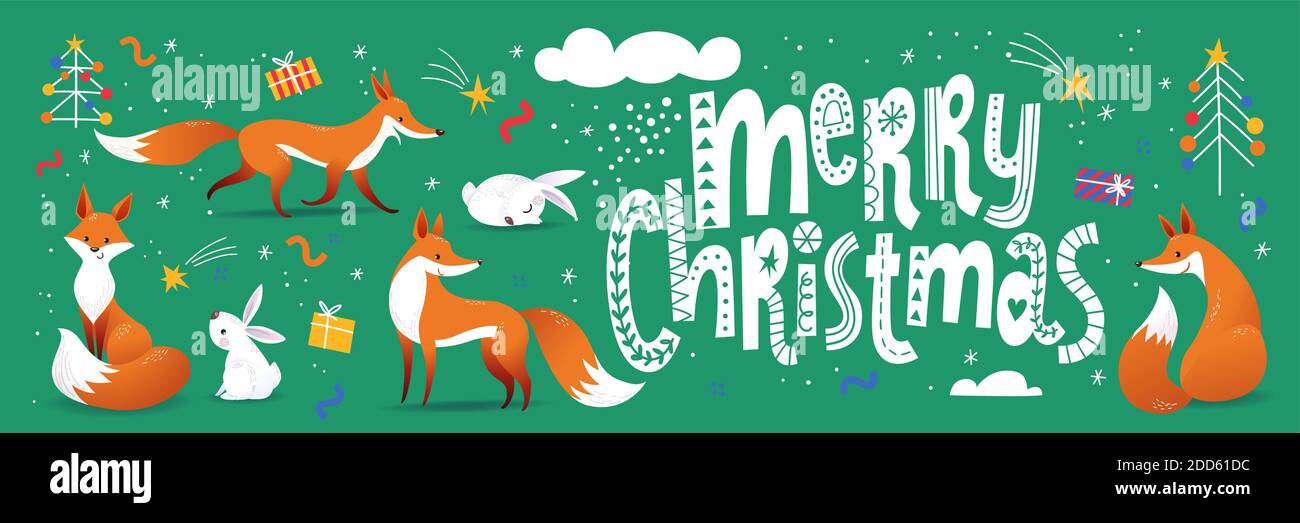 Affiche de Noël joyeuse en forme de doodle scandinave avec des renards mignons. Illustration de Vecteur