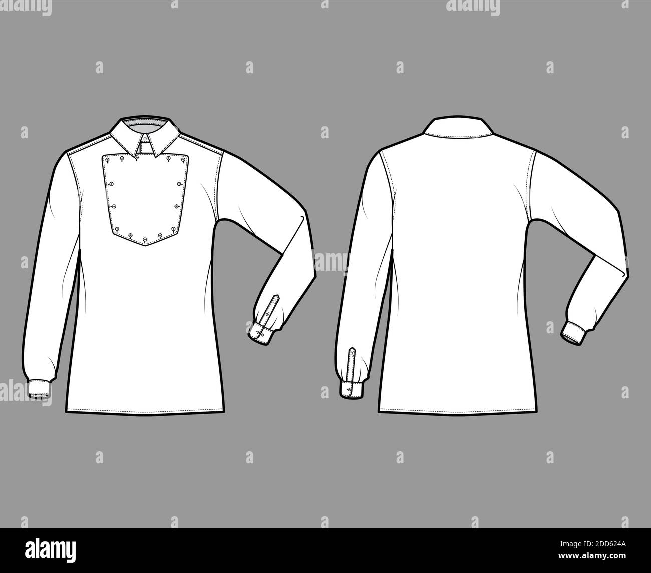 Chemise cavalerie officier technique de mode illustration avec bavoir, coude plier les manches longues, coupe relax, col classique. Modèle de style Ouest sauvage plat sur le devant, à l'arrière, de couleur blanche. Femmes hommes top maquette CAD Illustration de Vecteur
