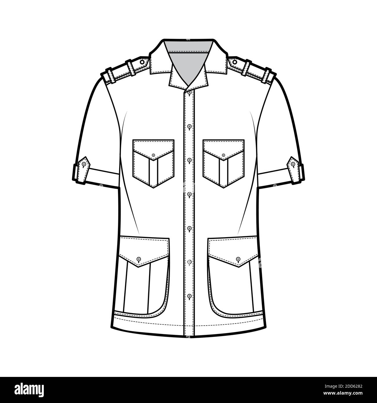 Chemise safari illustration technique de la mode avec manches courtes, poches rabats, coupe relax, boutons, épaulettes, col ouvert. Avant modèle plat, couleur blanche. Femmes hommes top maquette CAD Illustration de Vecteur