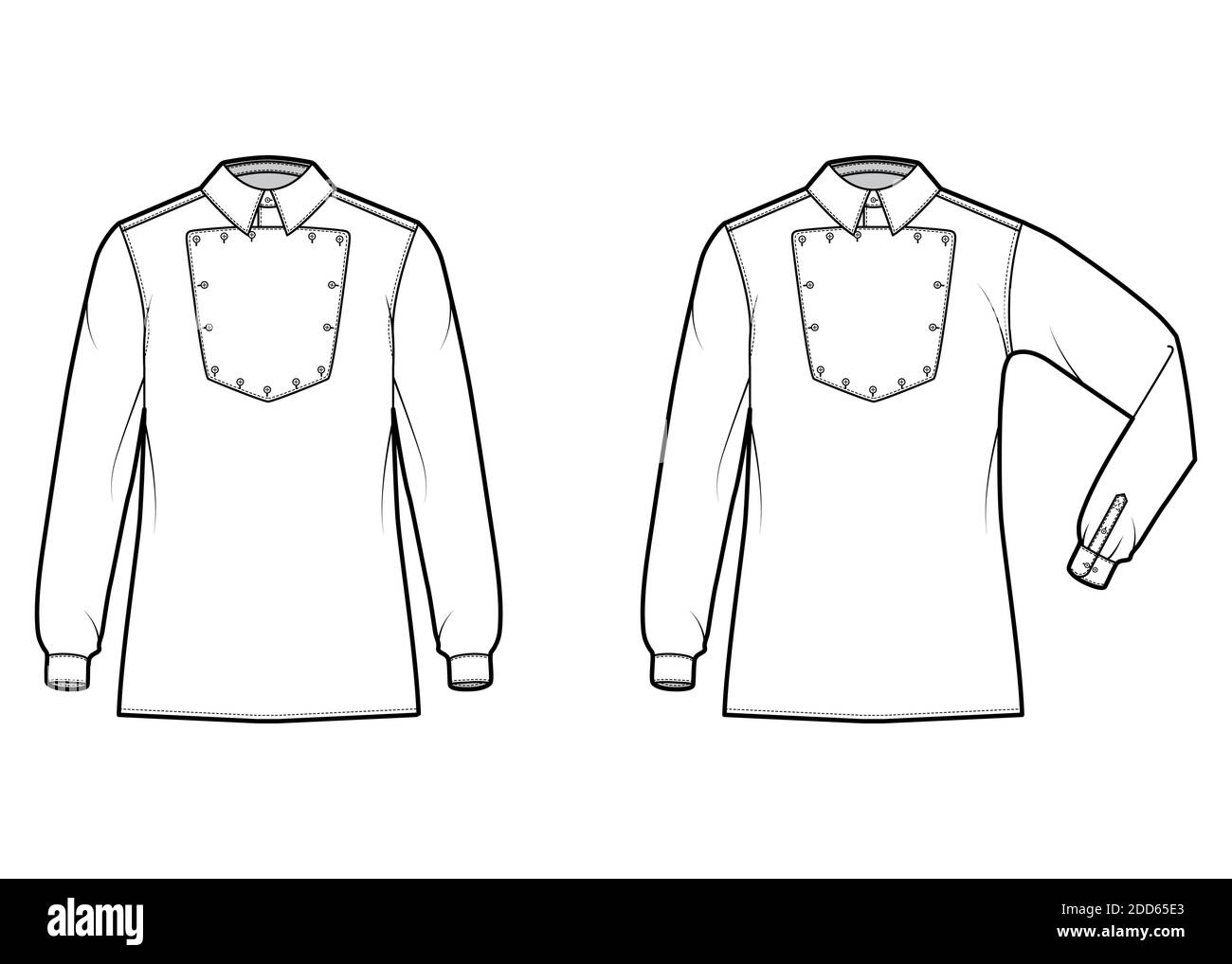 Ensemble de chemises cavalry Officer illustration technique de la mode avec bavette, coude plier manches longues, coupe relax, col classique. Modèle avant plat de style ouest sauvage, blanc. Femmes hommes top maquette CAD Illustration de Vecteur