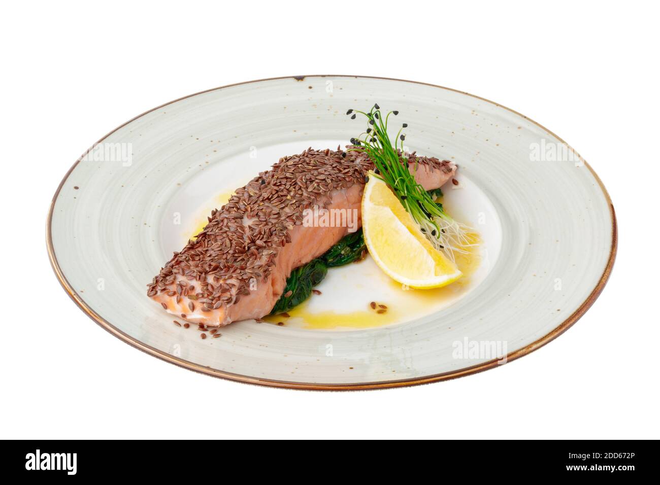 Filet de saumon rôti sur plaque isolée sur blanc Banque D'Images