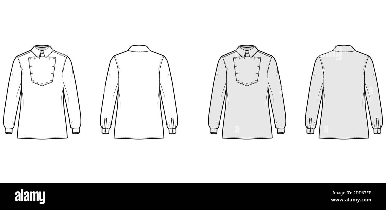 Chemise cavalerie officier technique de mode illustration avec bavoir, manches longues, coupe relax, col classique. Modèle de style Ouest sauvage plat à l'avant, à l'arrière blanc de couleur grise. Femmes hommes top maquette CAD Illustration de Vecteur