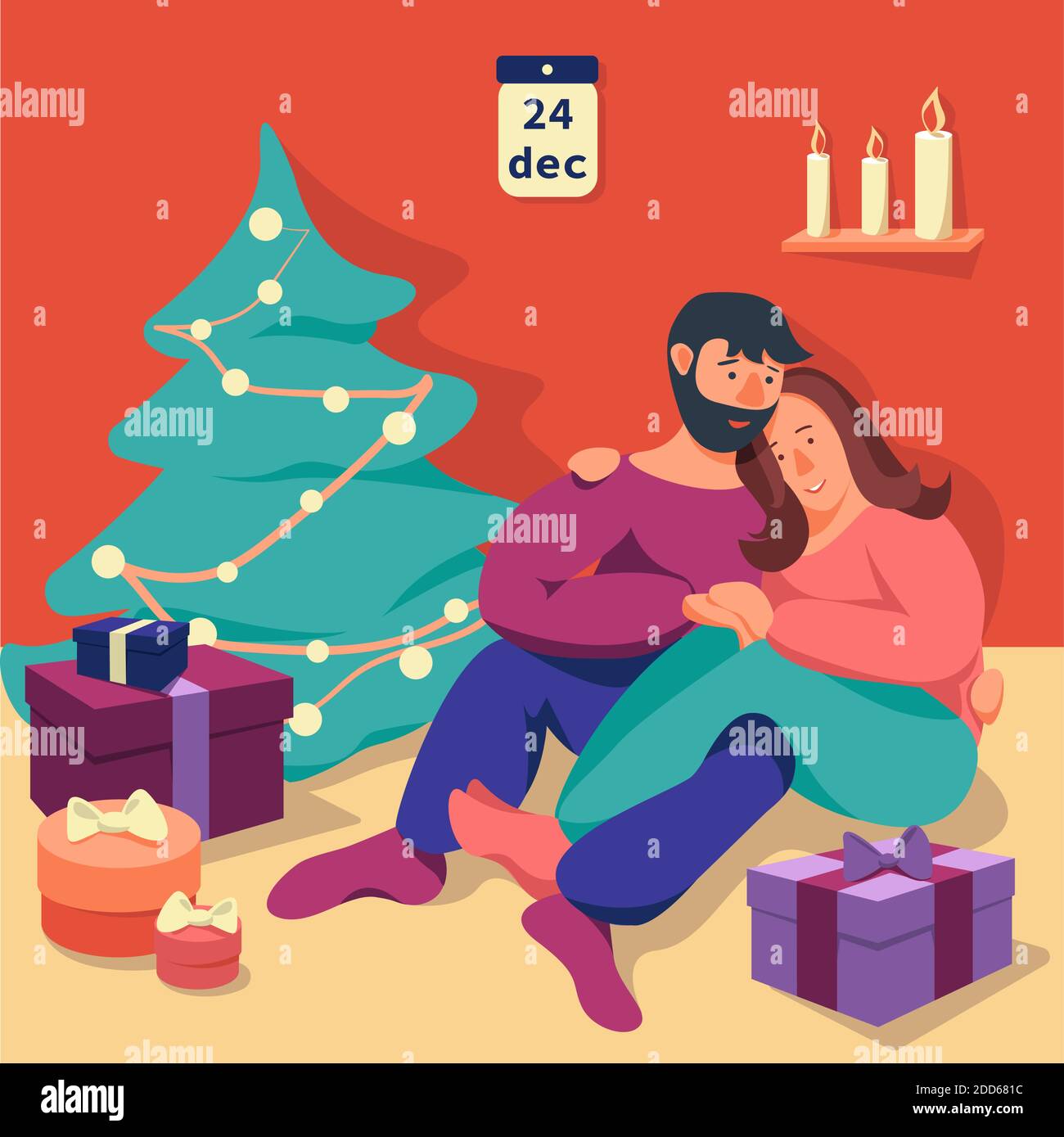 Un homme et une femme sont assis près du sol à l'arbre de noël Illustration de Vecteur