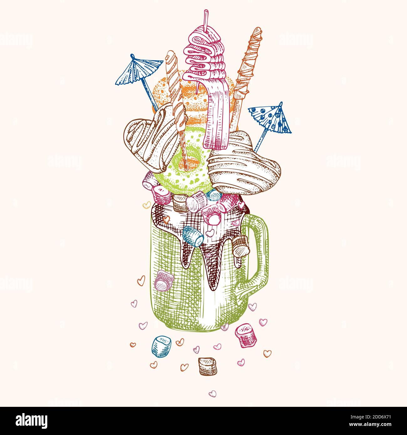 Dessert Monster shake, arrière-plan isolé. Dessin à la main, dessin au chocolat, beignet, crème glacée, bonbons, biscuits, guimauve Design Illustration de Vecteur