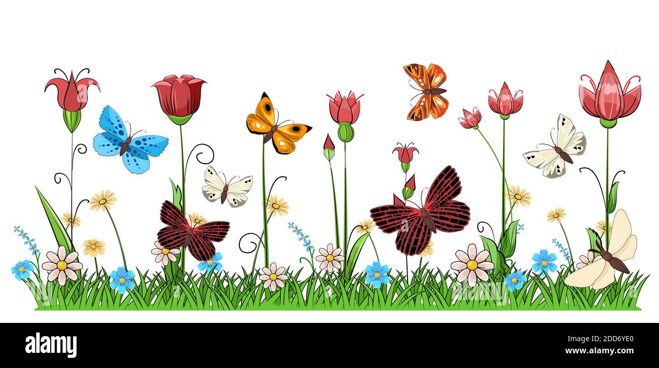 Prairie en fleurs avec herbe et fleurs. Décor. Style de dessin animé. Une superbe illustration romantique. Isolé sur fond blanc. Belle vue naturelle Banque D'Images