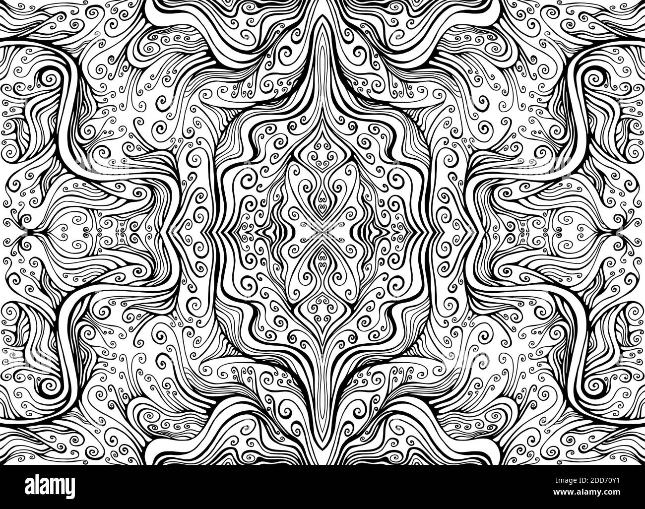 Vagues curieusement décoratif abstrait psychédélique fond. Surface noire et blanche de l'oedle fractal. Illustration de Vecteur