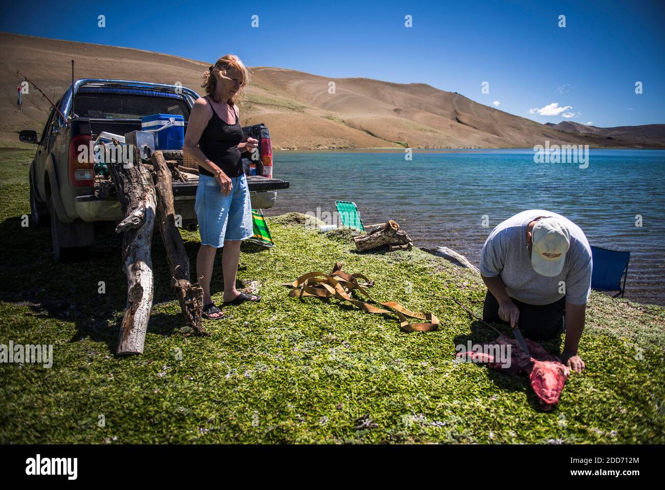 Préparation d'un asado (barbecue argentin traditionnel) dans le parc national de Perito Moreno, province de Santa Cruz, Patagonie, Argentine, Amérique du Sud Banque D'Images