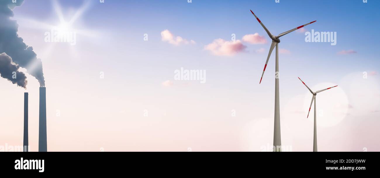 Les éoliennes et les cheminées d'un charbon tiré Centrale électrique sur une bannière panoramique Banque D'Images