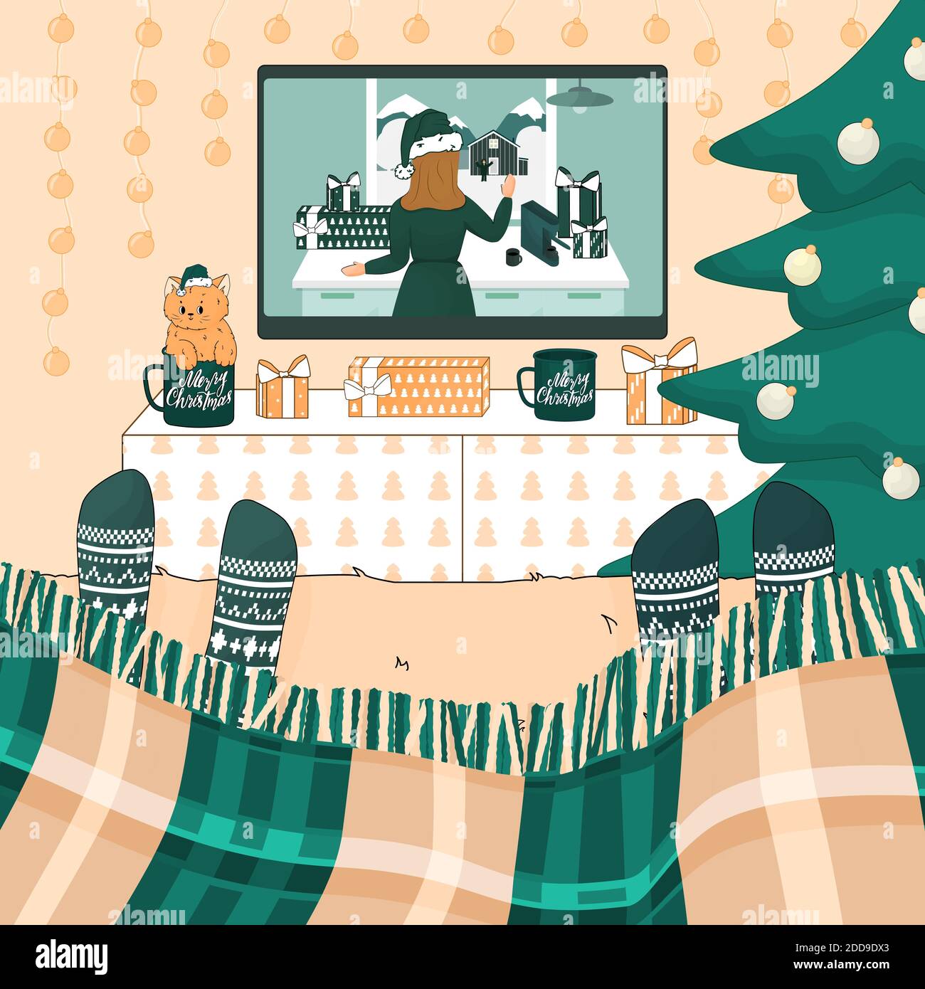 Deux personnes regardent des films de Noël, du nouvel an sur le lit en chaussettes tricotées, sous le tissu écossais. La chambre est décorée dans des tons de vert, de pêche et de blanc. CHR Illustration de Vecteur