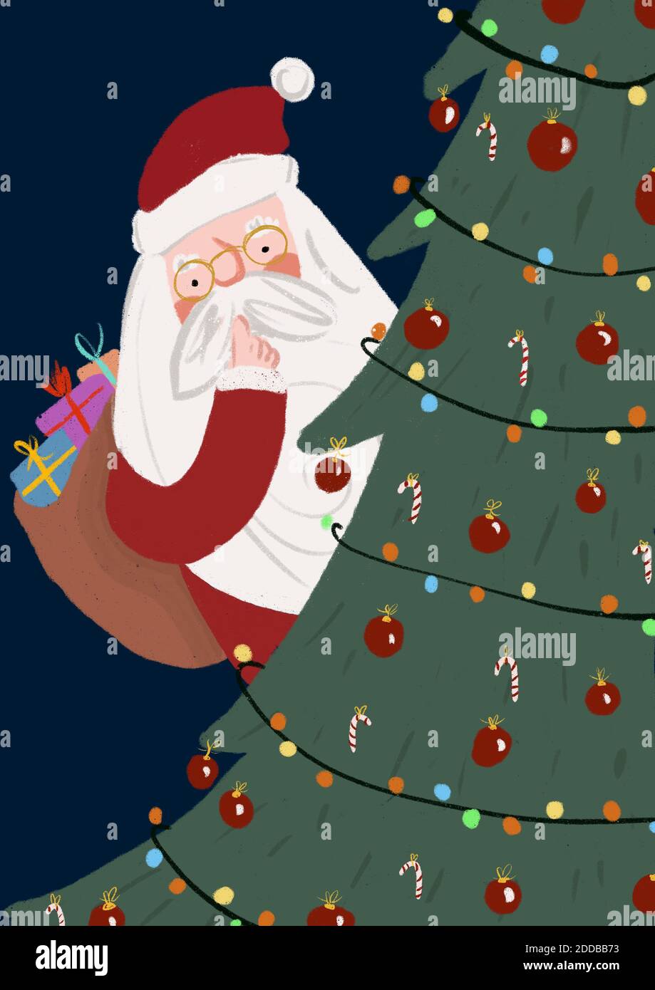 Clip art du Père Noël caché derrière l'arbre de Noël Photo Stock - Alamy