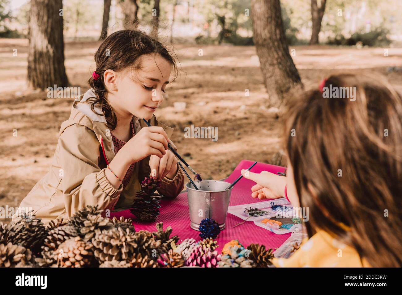 Mignons sœurs colorant tout en étant assis avec des cônes de pin au pique-nique table dans le parc Banque D'Images