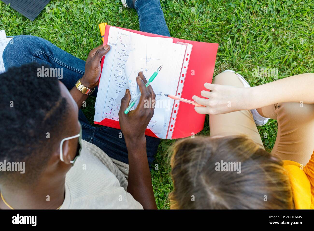 Amis assis sur le gazon tout en étudiant ensemble sur le campus universitaire Banque D'Images