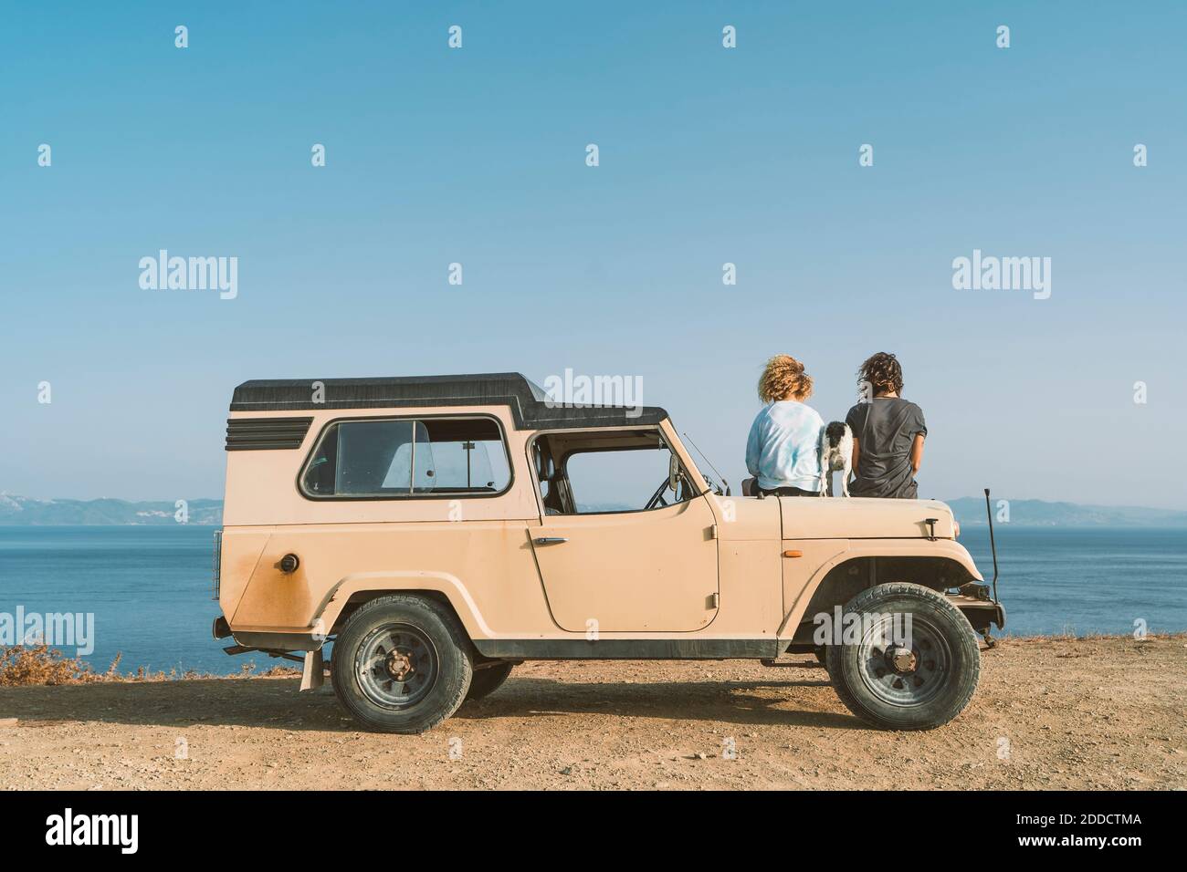 Jeune homme et jeune femme admirant la vue sur la mer tout en étant assis avec chien en voiture à la plage Banque D'Images