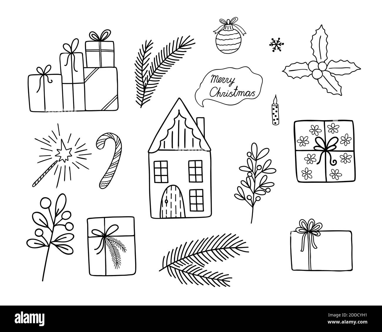 Ensemble d'éléments de Noël dessiné à la main dans le style Doodle image simple pour cartes de voeux, bannières, décoration de vacances d'hiver Illustration de Vecteur