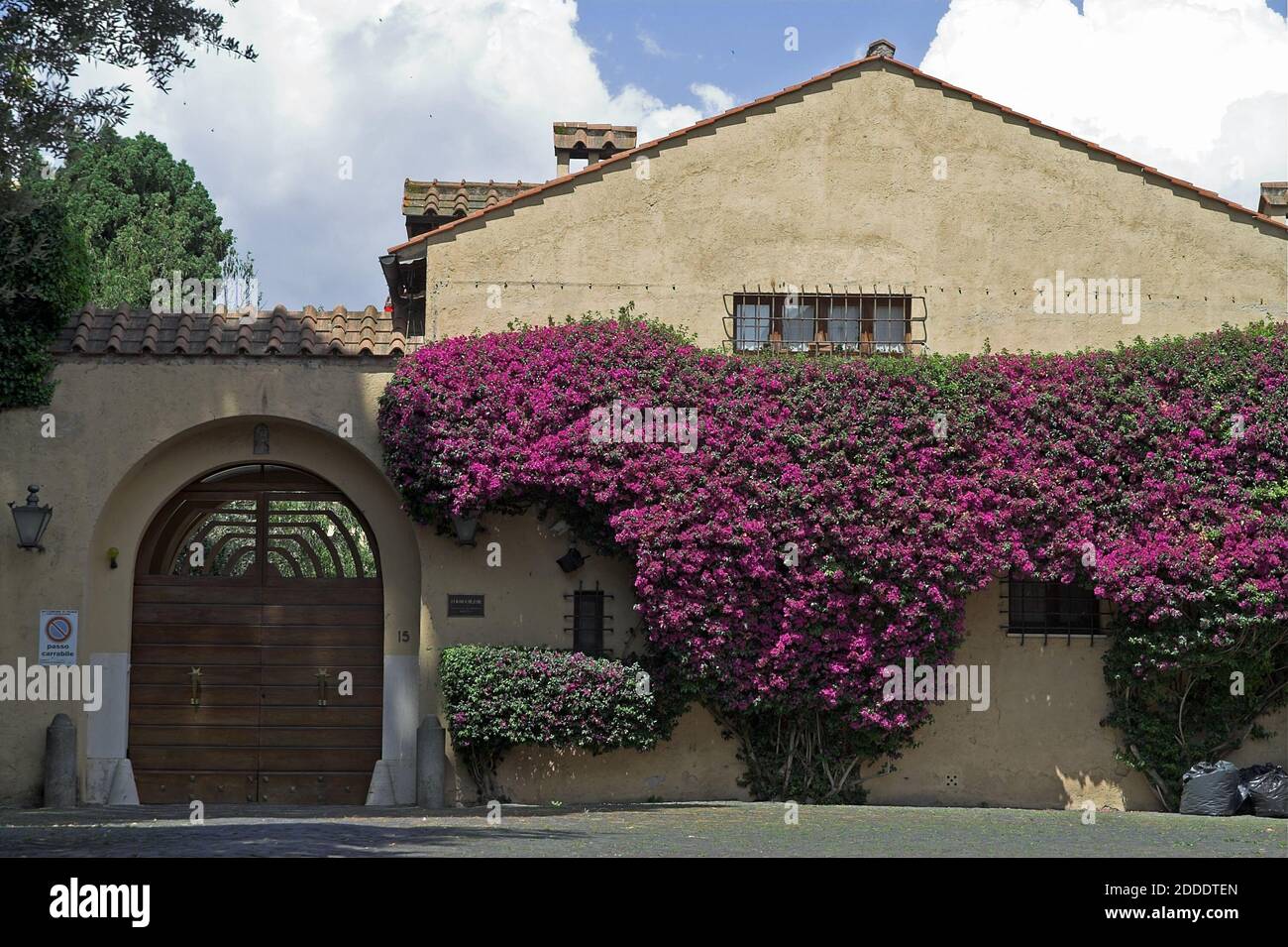 Roma ROM, Italie, Italie; la façade du bâtiment est recouverte de bougainvilliers violets. Die Fassade des Gebäudes ist mit lila Bougainvillea bedeckt Banque D'Images