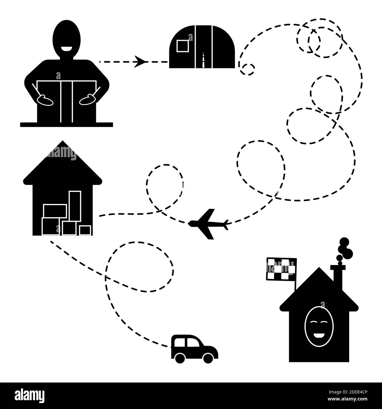 Les icônes de la chaîne logistique sont définies pour le système de livraison, la poste et le service de messagerie. Suivi de colis, expédition avia, silhouettes de clients heureux. Graphiques vectoriels isolés. Ligne pointillée d'itinéraire, entrepôt de stockage, voiture, drapeau d'arrivée Illustration de Vecteur