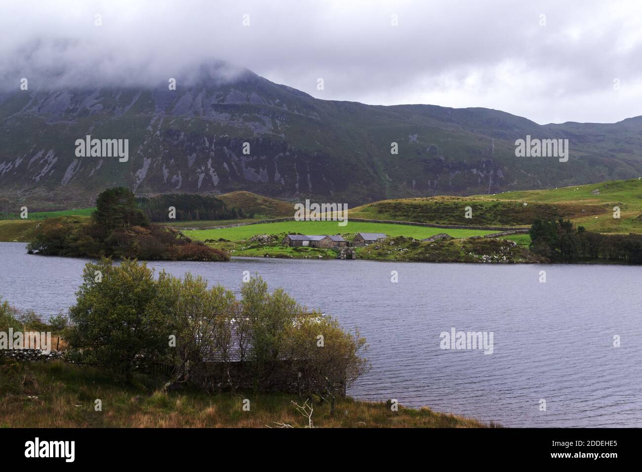 Lac Cregennan à Gwynedd, au pays de Galles, avec les collines derrière dans les nuages et quelques bâtiments de ferme en pierre Banque D'Images