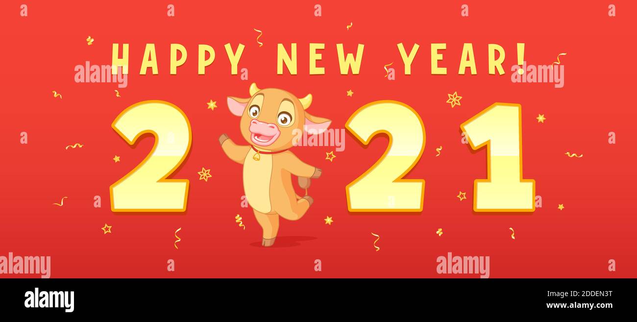 Mignon caricature de boeuf avec 2021 nouvel an. Bannière horizontale vectorielle sur fond rouge. Illustration de Vecteur