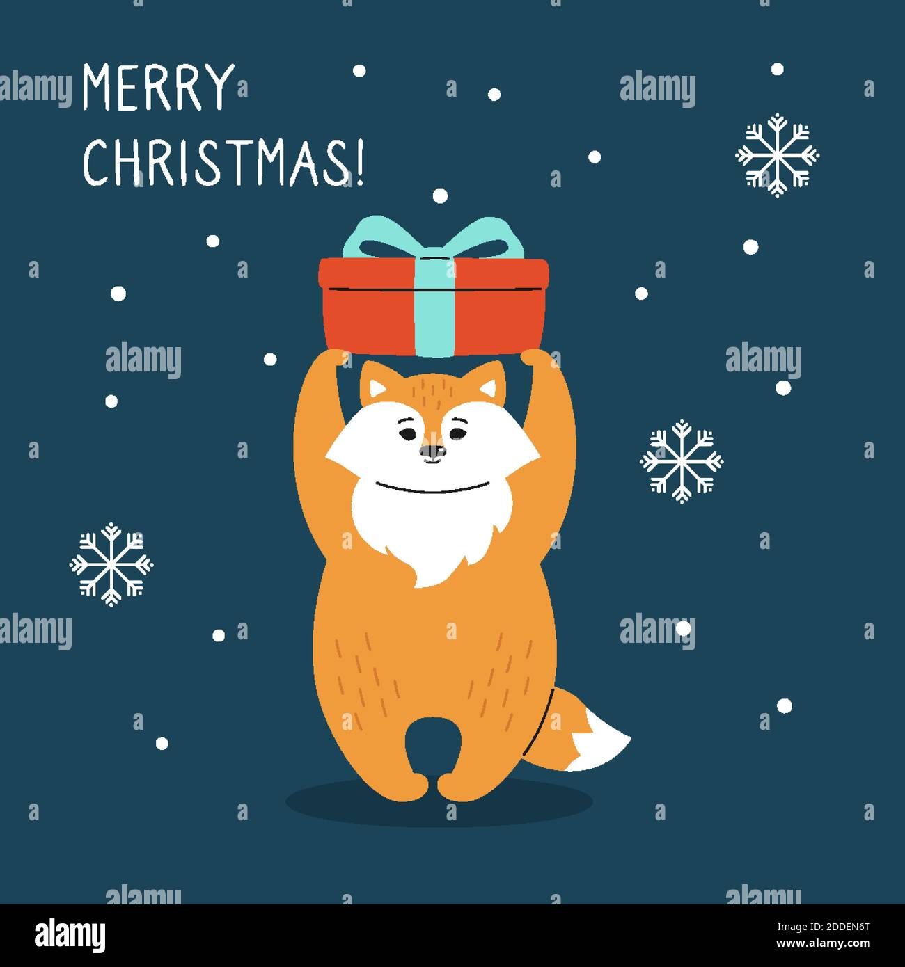 Carte de vœux de Noël, renard avec neige et boîte cadeau. Dessin main drôle de dessin animé nouvel an rouge renard personnage de noël. Bonne année, Joyeux Noël. Vecteur animal Illustration de Vecteur