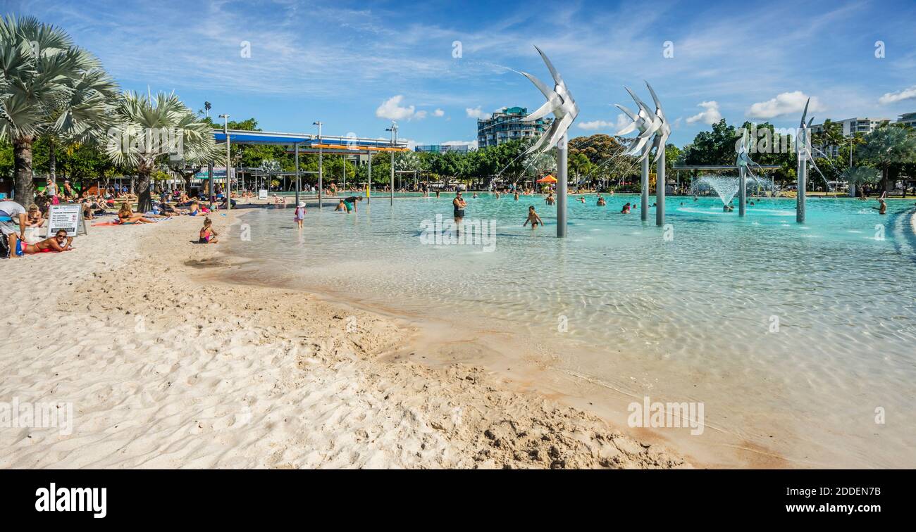 Sculptures de poissons tissés emblématiques à l'Esplanade Lagoon de Cairns, dans le nord du Queensland, en Australie Banque D'Images