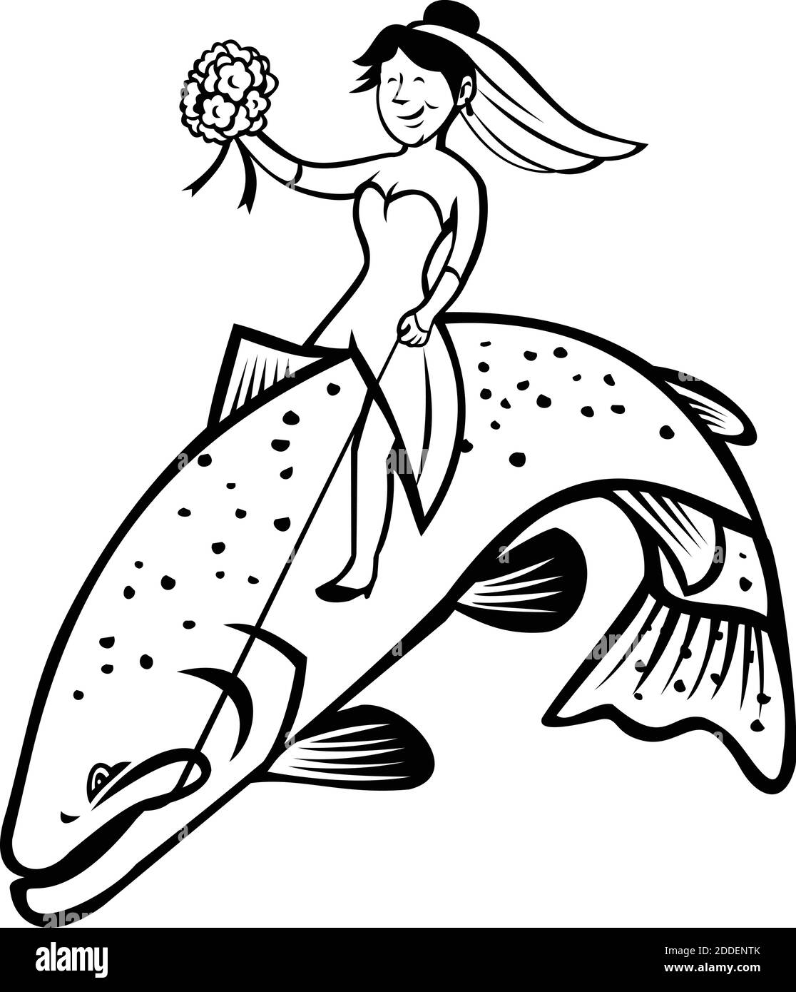 Illustration de style dessin animé d'une mariée de pêcheur avec fleur bouquet d'une truite arc-en-ciel ou truite arc-en-ciel à craquer et saut sur b isolé Illustration de Vecteur