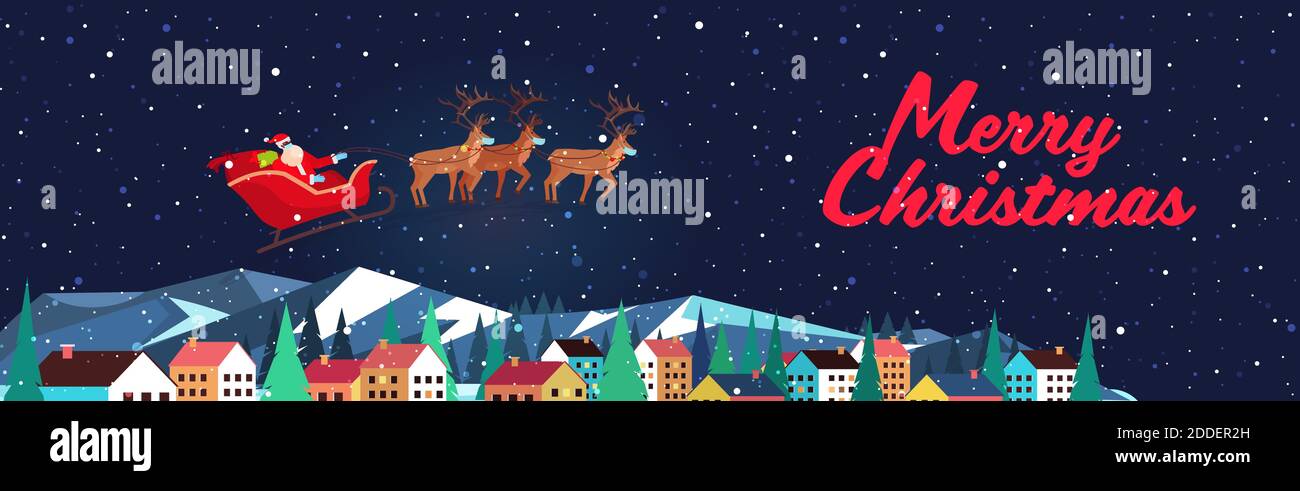 le père noël vole en traîneau avec des rennes dans le ciel nocturne maisons de village joyeux nouvel an joyeux noël bannière hiver vacances illustration vectorielle horizontale de la carte de vœux concept Illustration de Vecteur le père noël vole en traîneau avec des rennes dans le ciel nocturne maisons de village joyeux nouvel an joyeux noël bannière hiver vacances illustration vectorielle horizontale de la carte de vœux concept Illustration de Vecteur