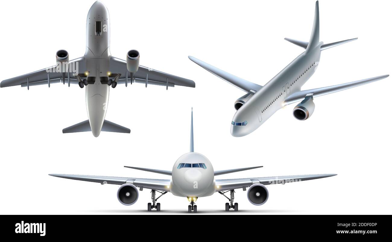 collection 3d réaliste de vecteurs de plaines d'air. Isolé sur fond blanc, vue de dessus, vue latérale et vue de face. Illustration de Vecteur