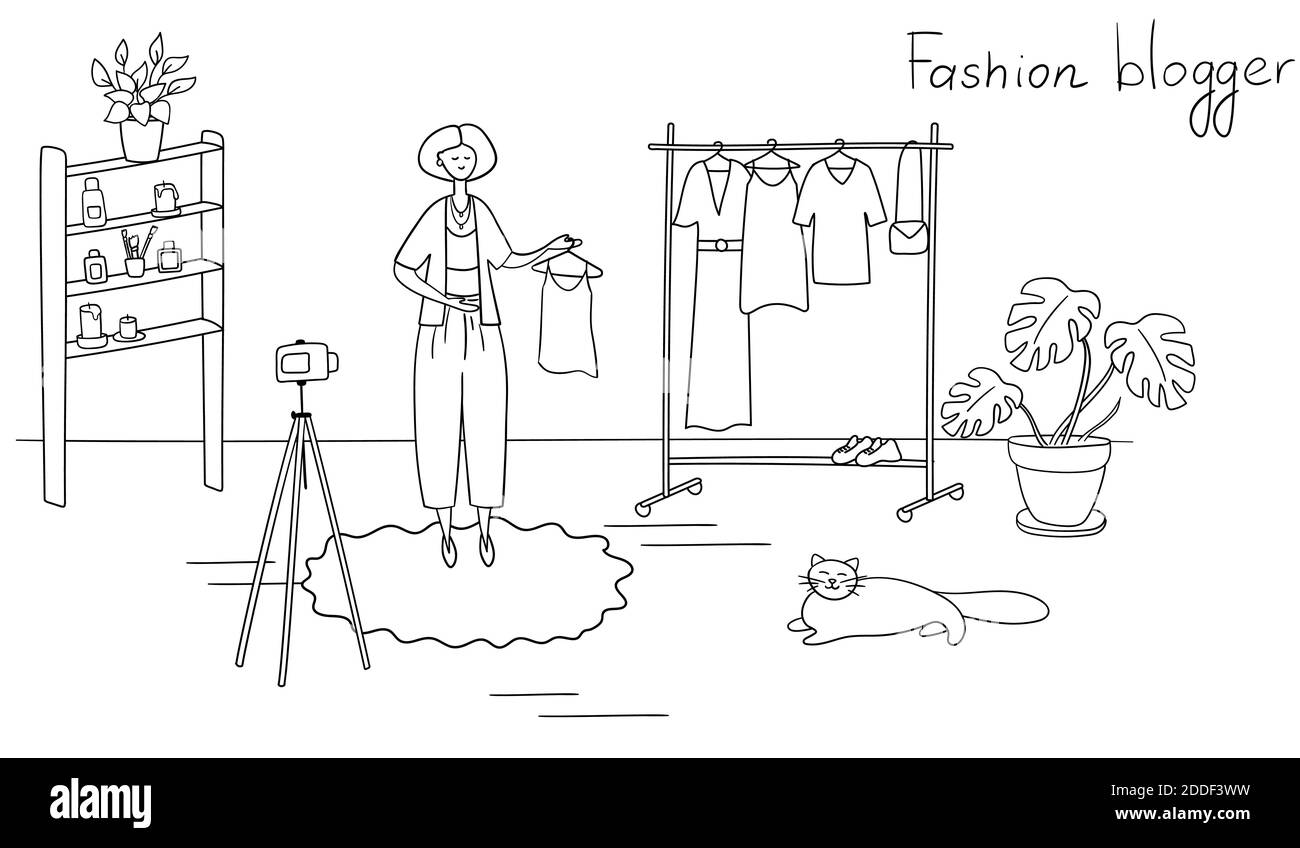 Blogueur de mode montrant des vêtements tendance à l'appareil photo. Styliste influenceur crée du contenu pour vlog. Une jeune femme enseigne à choisir une tenue tendance. Avis le Illustration de Vecteur