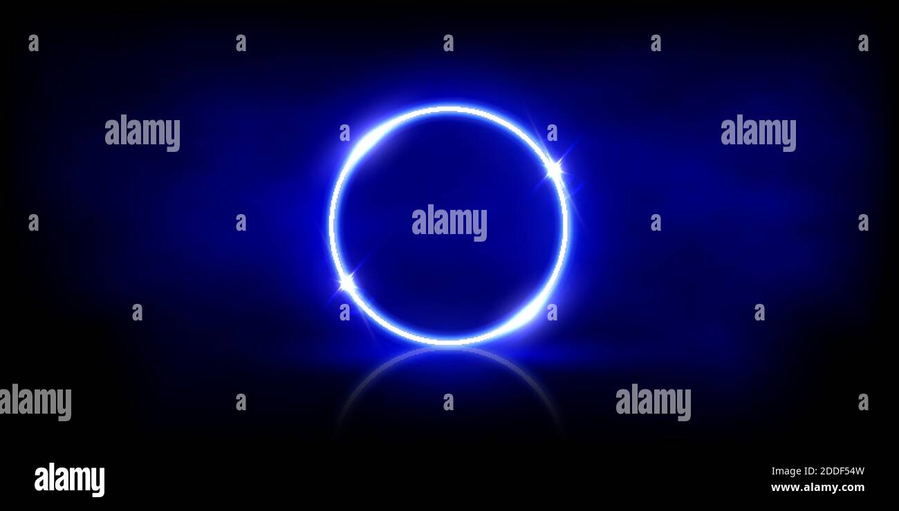 Cercle bleu fluo brillant avec des scinques sur fond abstrait de brouillard. Cadre de feu électrique rond. Illustration vectorielle géométrique de mode. Vide Illustration de Vecteur
