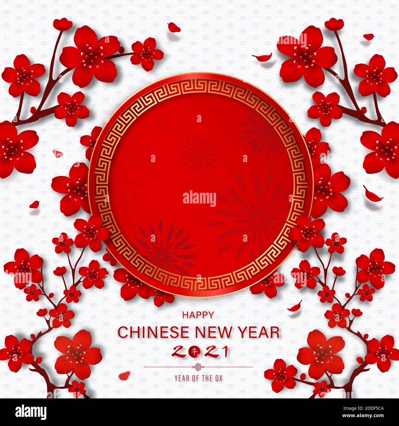 Le texte du nouvel an chinois heureux et la lettre chinoise signifie ox pour l'année 2021 avec un cercle rouge pour le texte arrière-plan de style oriental Illustration de Vecteur