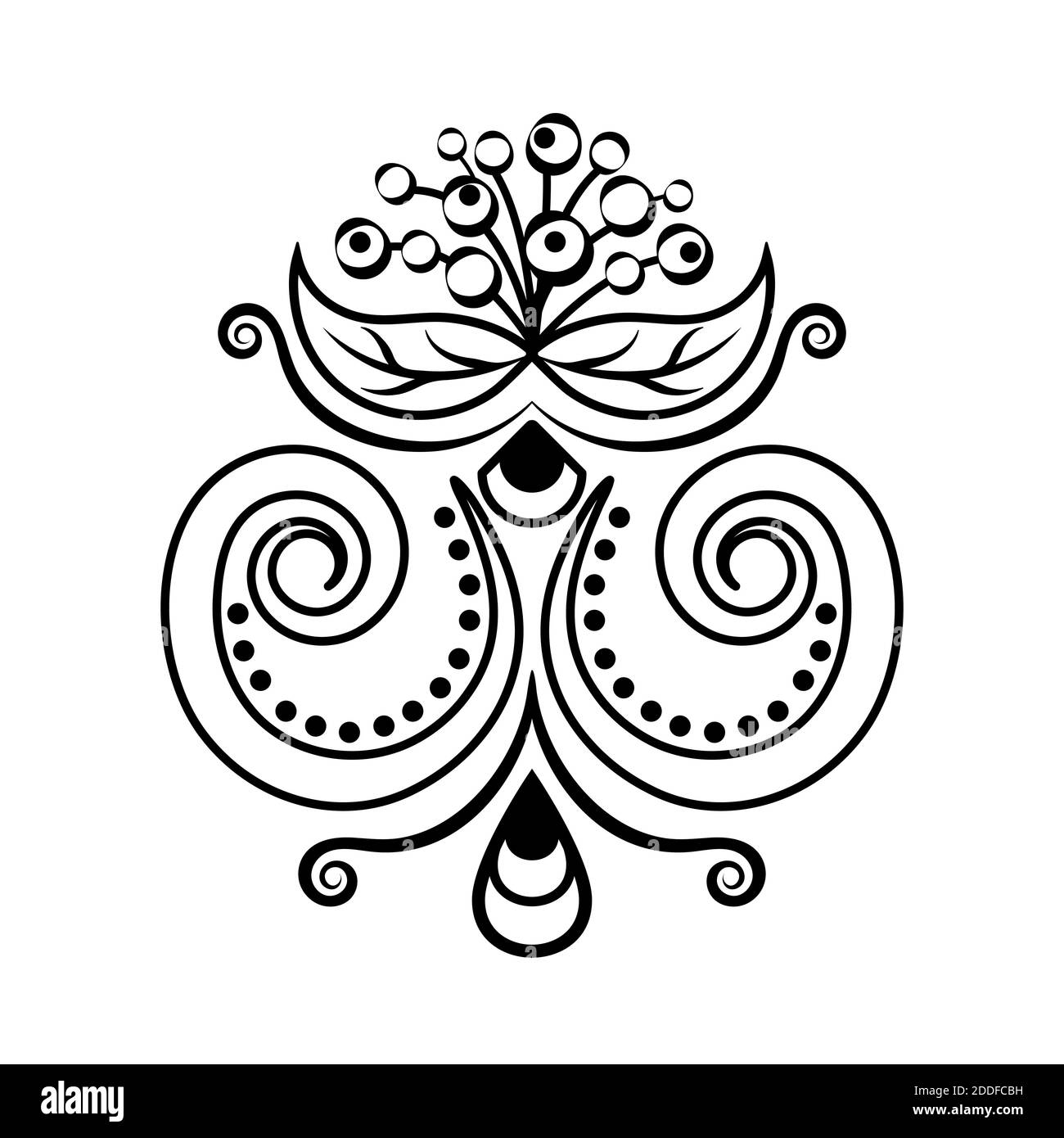 Décoration florale abstraite, motif ethnique, dessin noir et blanc avec boucles, spirales, fleurs, éléments décoratifs, imprimé, tatouage, coloriage Illustration de Vecteur