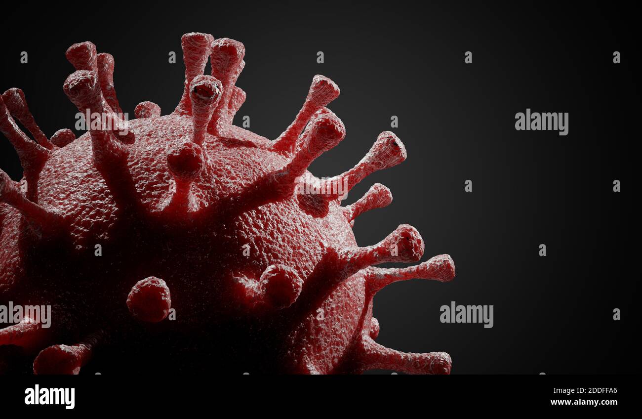 Gros plan sur le virus responsable de la maladie COVID-19 sur fond noir. Illustration de rendu 3D. Banque D'Images