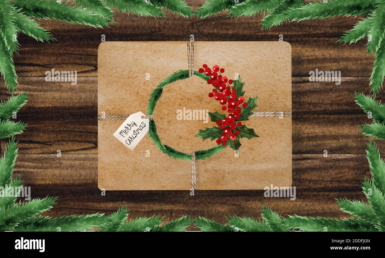 Décorations de Noël brillantes sur une surface en bois texturée Banque D'Images