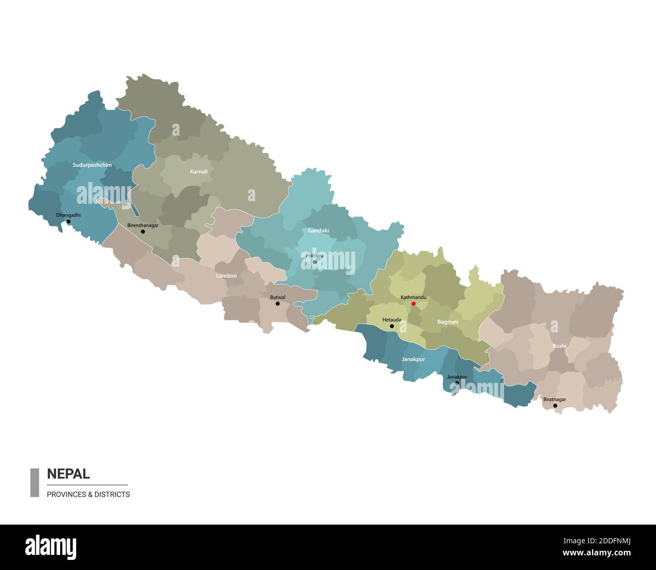 Népal higt carte détaillée avec subdivisions. Carte administrative du Népal avec le nom des districts et des villes, colorée par les États et les districts administratifs. Illustration de Vecteur