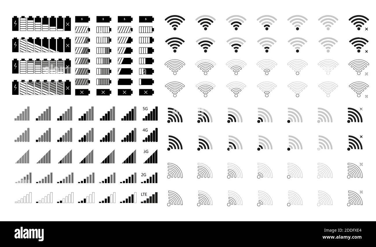 Signal du téléphone et icônes de batterie. L'icône supérieure de l'interface mobile est définie pour les signaux réseau et le niveau de charge du téléphone. Charge de la batterie, signal Wi-Fi a Illustration de Vecteur