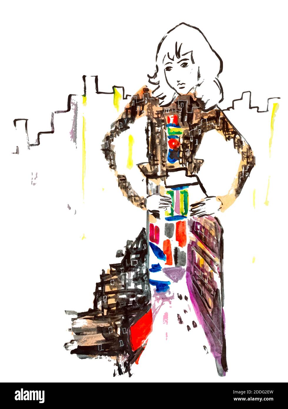 Aquarelle main dessinée femme abstraite avec ville robe et arrière-plan eps10 illustration vectorielle isolée sur fond blanc. Illustration de Vecteur