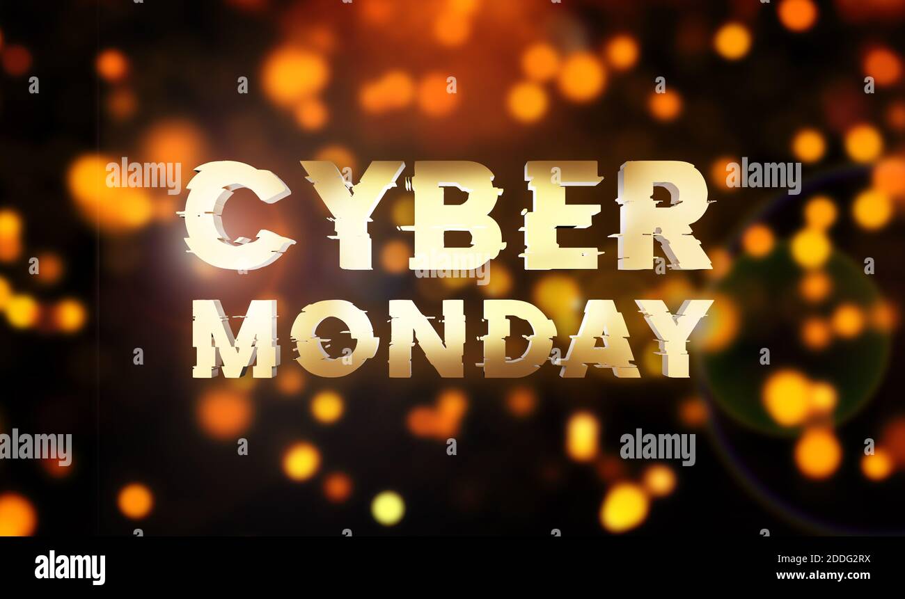 Cyber monday solde bannière or. Événement de vente en ligne de cyber-offre. Rendu 3D. Scintillez les paillettes et envoyez du texte au cyber lundi. Banque D'Images