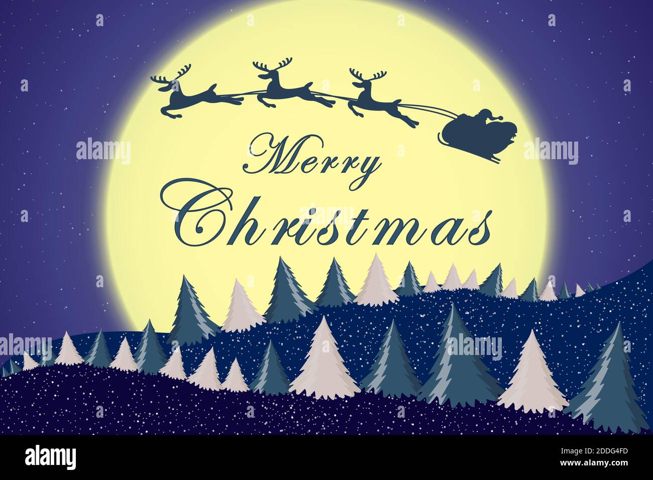 Modèle de carte de Noël avec arbre de Noël, étoiles, lune et Père Noël avec silhouette de renne dans la lune de nuit. Bannière ou affiche pour Christma Illustration de Vecteur